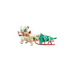 Beatrix Cat Pulling Christmas Tree on Sleigh Enamel Gold Tone Pin Brooch